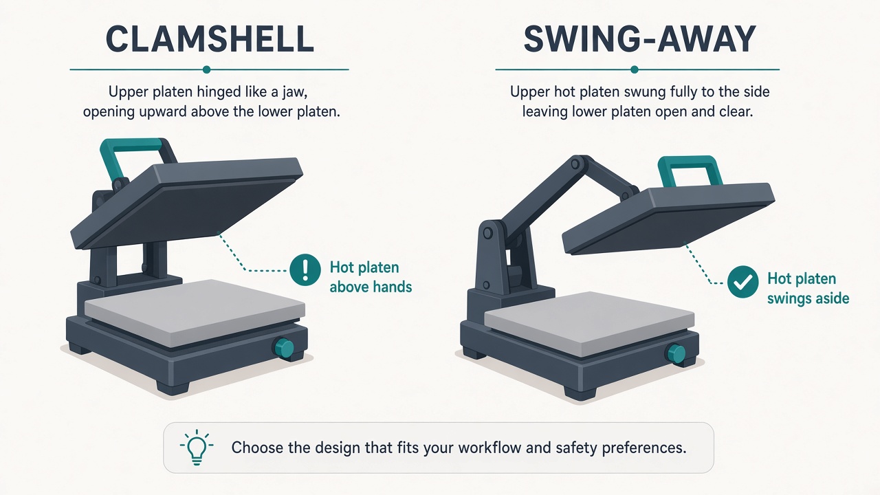 Diagram comparing clamshell and swing-away heat press designs.