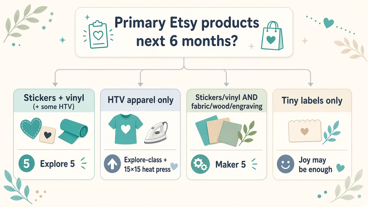 Decision tree for primary Etsy products: stickers and vinyl point to Explore 5; HTV apparel only to an Explore-class cutter plus a 15 by 15 heat press; mixed stickers with fabric wood or engraving to Maker 5; tiny labels only may need only a Joy.
