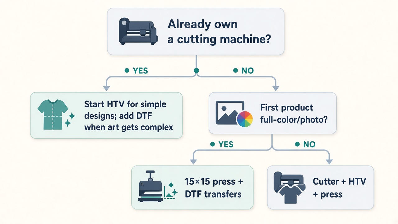 Decision tree: if you already own a cutting machine, start with HTV and add DTF when art gets complex; if not, full-color or photo products point to a 15 by 15 press plus DTF transfers, otherwise start with cutter, HTV, and a press.